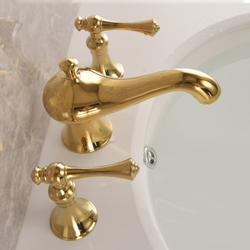 Widespread bathroom faucet side profile view - antique brass finish