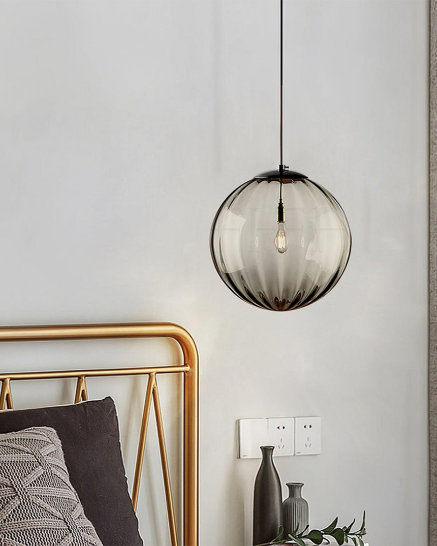 Amber glass pendant light side angle view - OpalDwell