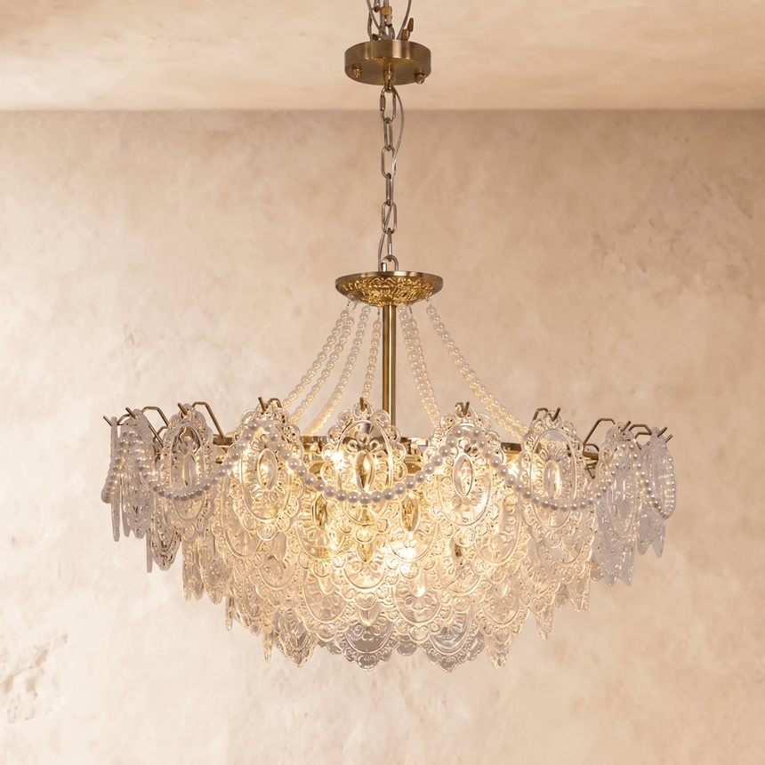 The largest round version, four deep tiers of pressed glass petals lit