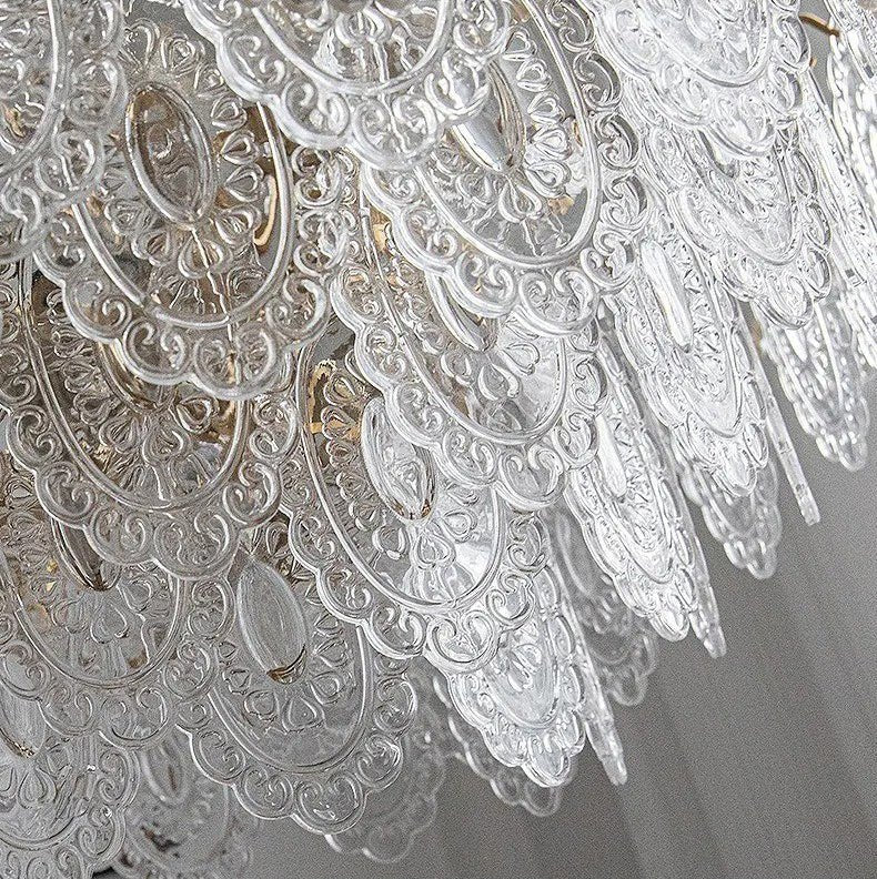 The pressed lace pattern molding on the clear glass petals, seen very close