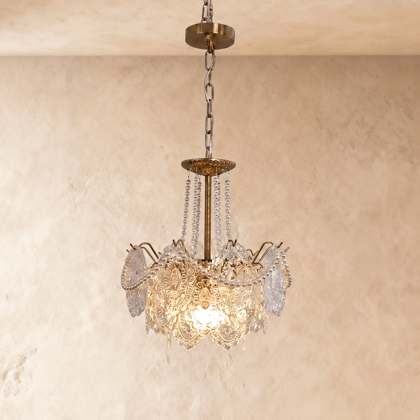 Style A at its smallest, two tiers of pressed glass petals under a brass hub