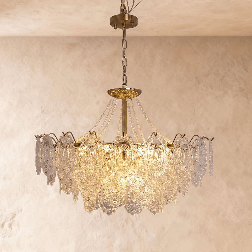 Style B at mid size, the petal tiers lit and hung from a brass chain