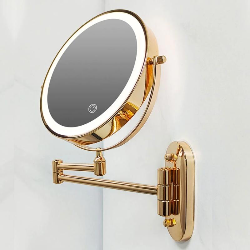 Led magnifying makeup mirror with gold finish dual-arm design