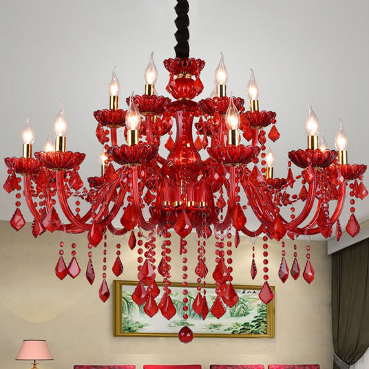 Crimson Crystal Chandelier with Two-Layer Design