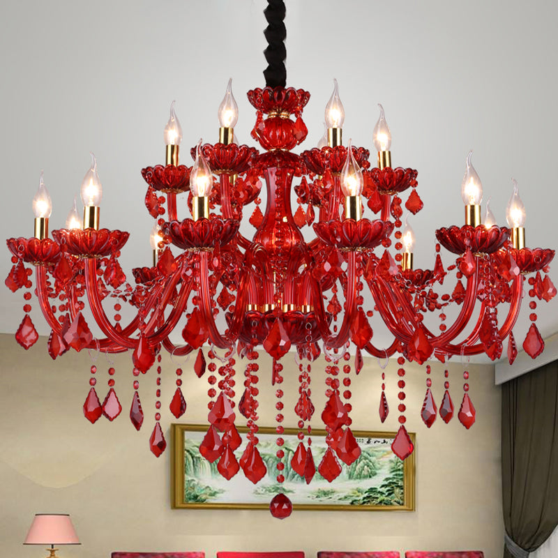 Crimson Crystal Chandelier with Two-Layer Design
