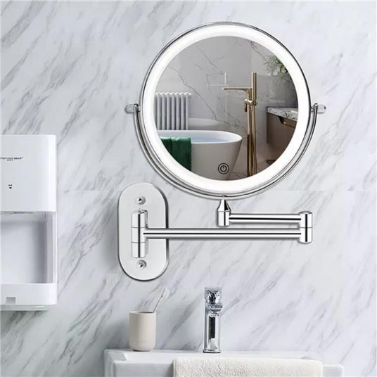 Led magnifying vanity mirror - fold-out wall mount arm