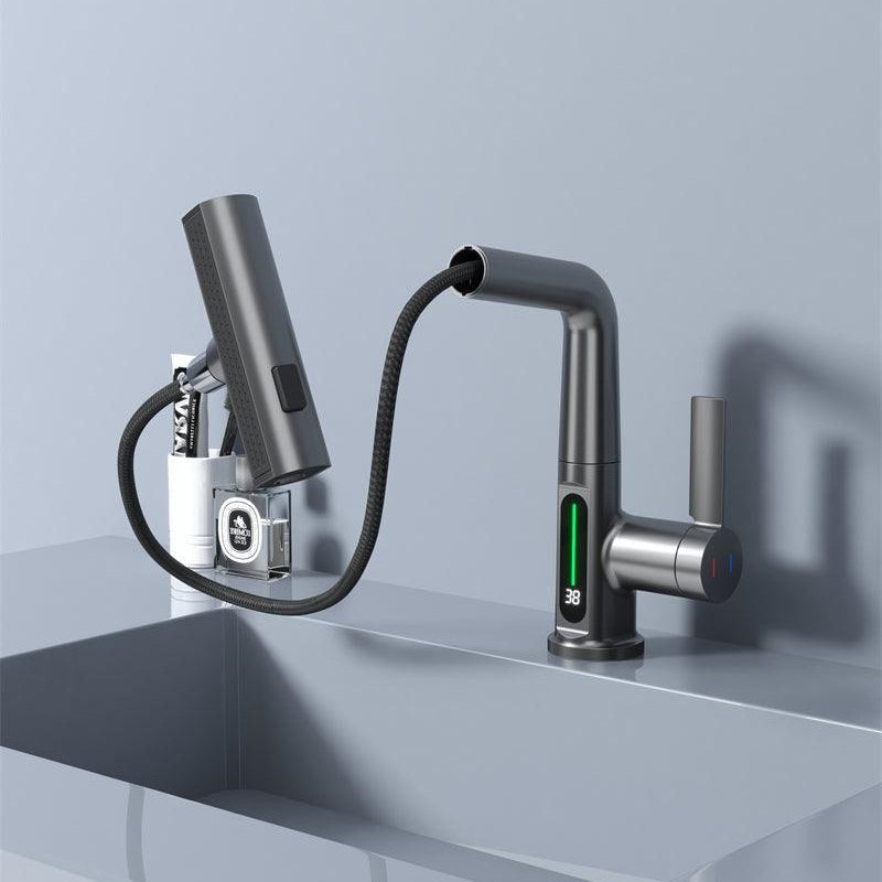 Brass kitchen faucet side profile view - pull-out sprayer head