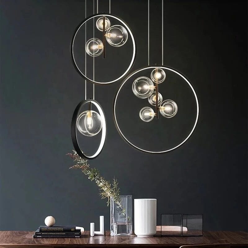 Glass globe pendant light for open-concept kitchen