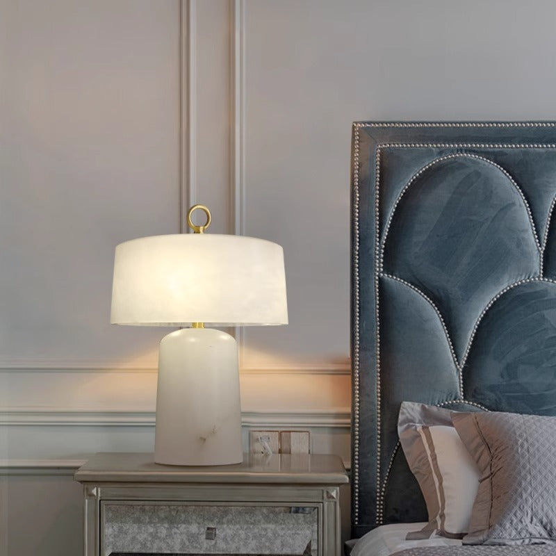 Elegant Bedside Lamp Lit Ambiance View OpalDwell