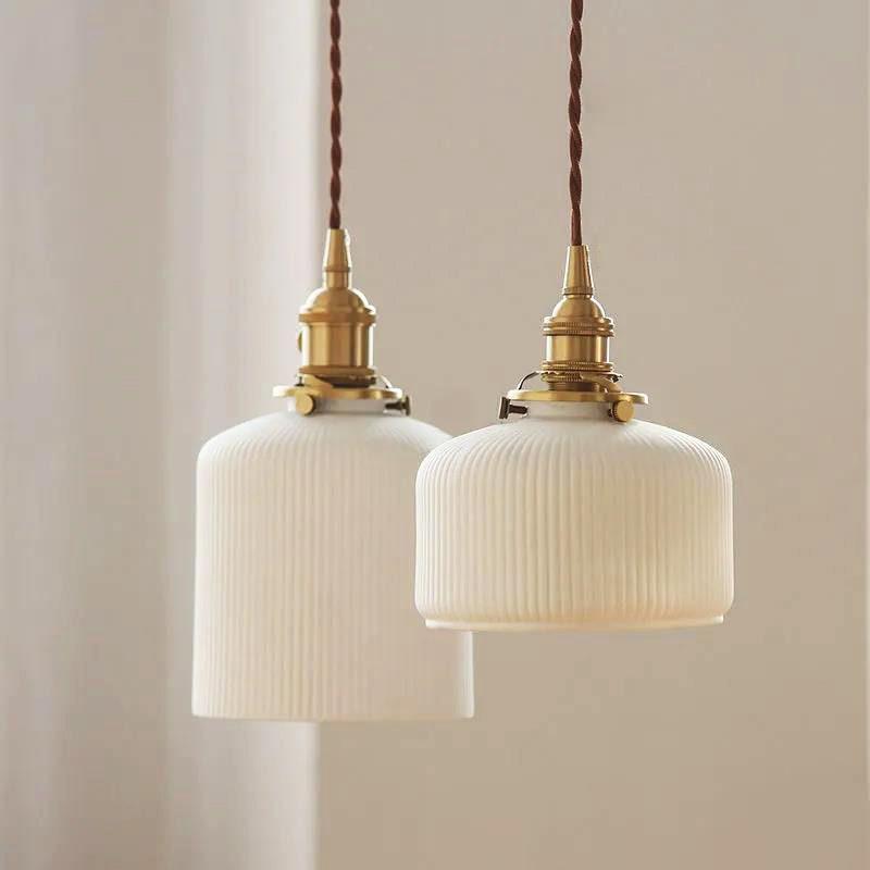 Hanaori Ribbed Ceramic Cylinder Pendant Light for Dining Room