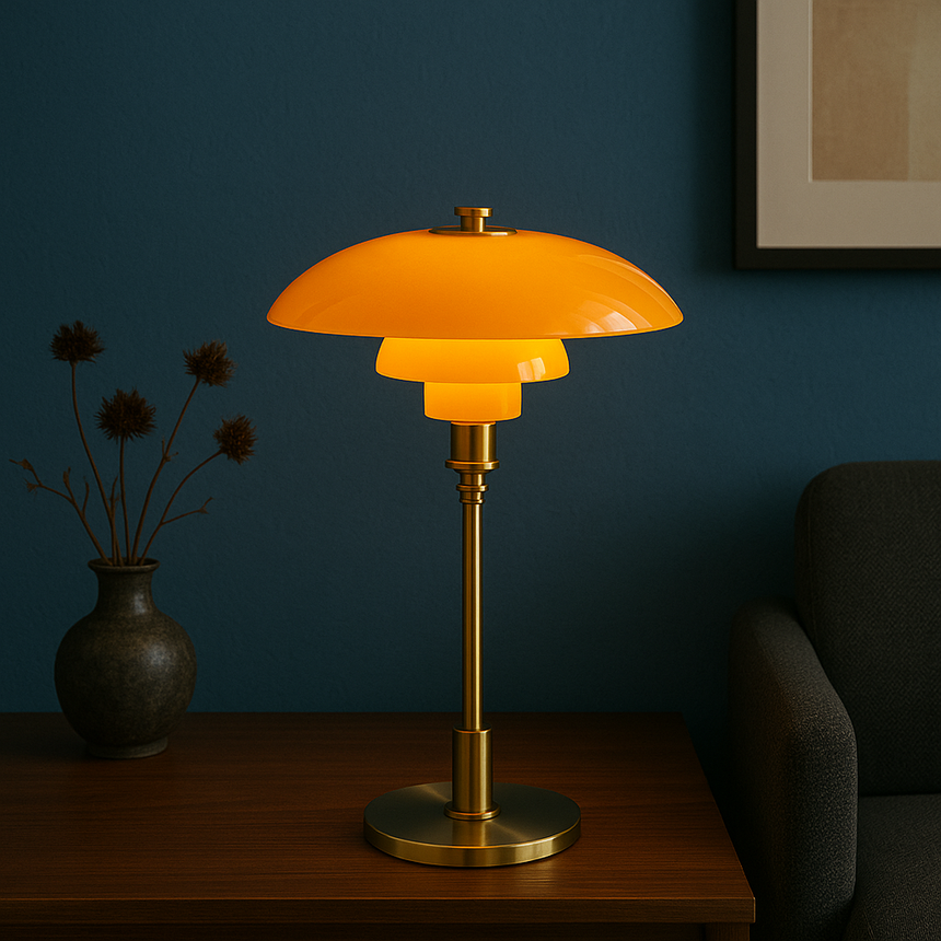 Table lamp installed on bedside table modern decor