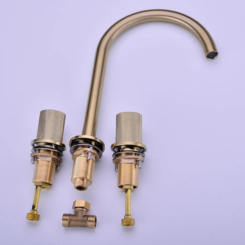 Dual-handle basin faucet installed in a bathroom setting