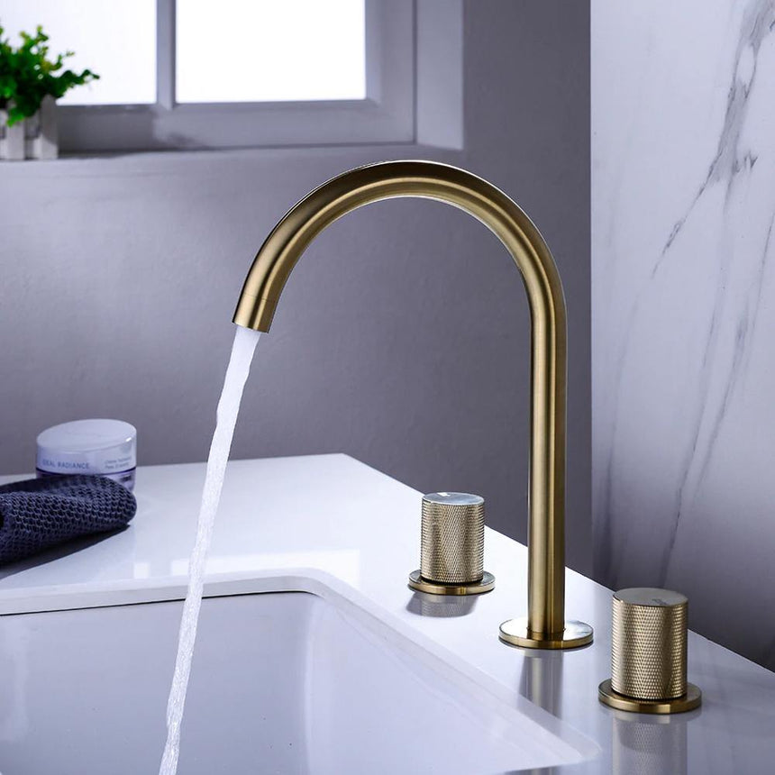 Dual-handle basin faucet side profile view - brass construction