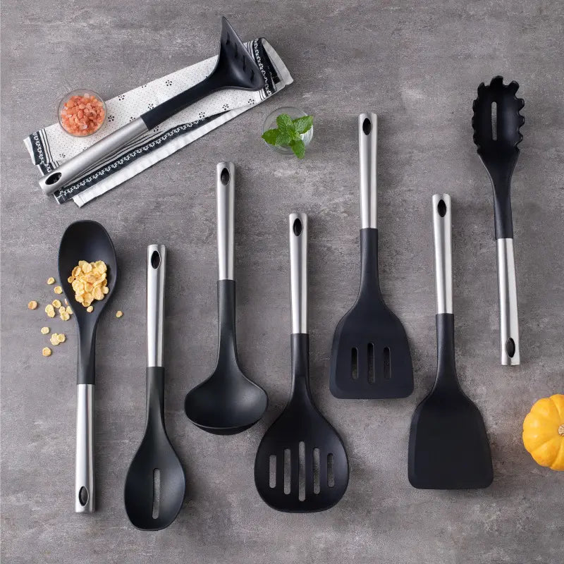Ergonomic stainless steel handle utensil close-up