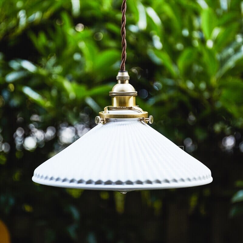 White Ceramic Pendant Light Brass Accent Detail