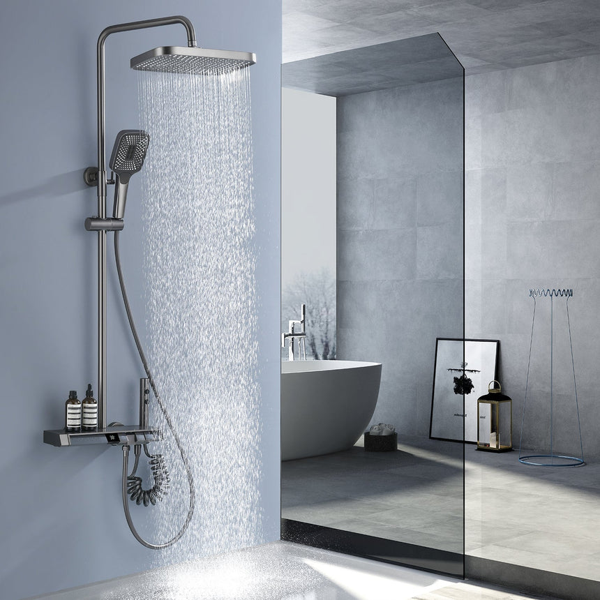 Smart shower system close-up view - digital temperature display