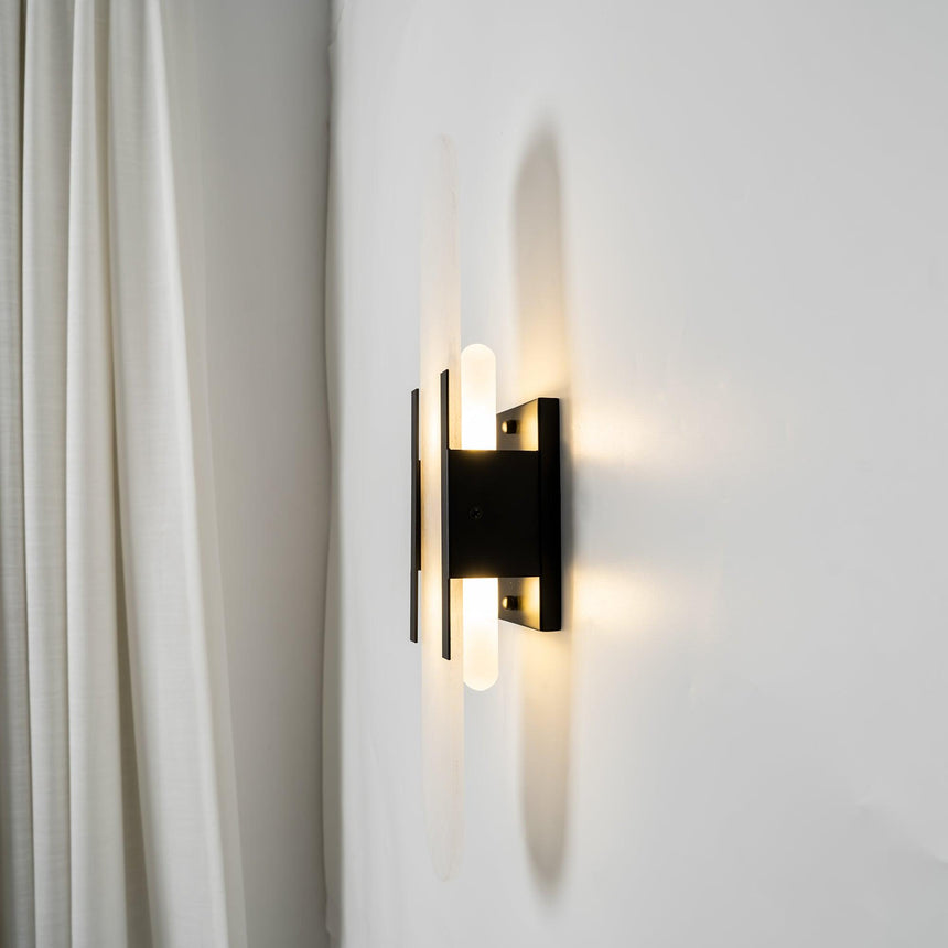 alabaster wall lamp with copper accents - close-up alabaster veining detail