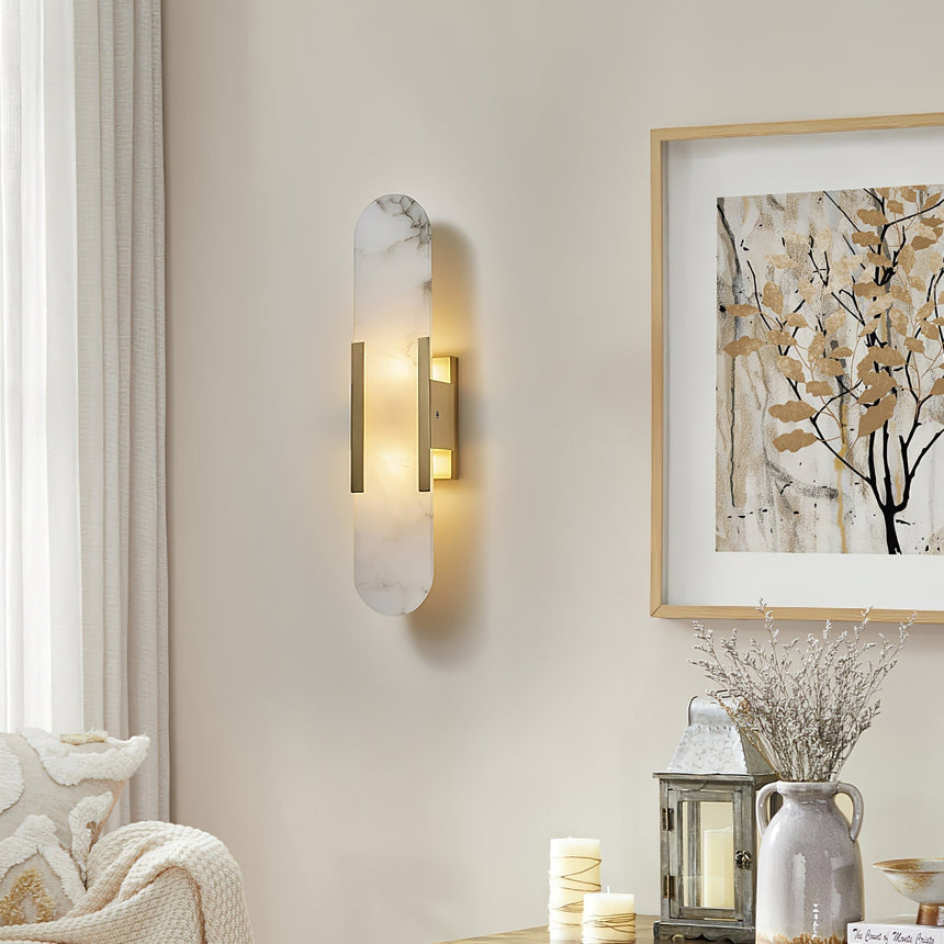 alabaster wall lamp with copper accents - brass finish detail