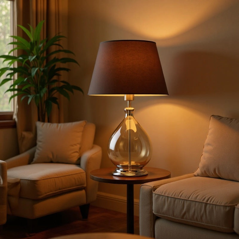 Glass Table Lamp with Fabric Shade for Living Room