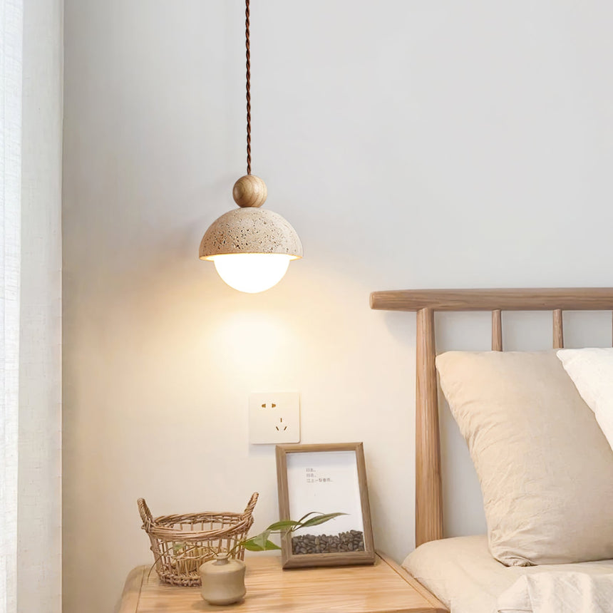 Travertine Dome Pendant Light Glass and Wood