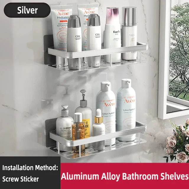 Corner bathroom shelf installed in a bathroom setting - single-tier corner design
