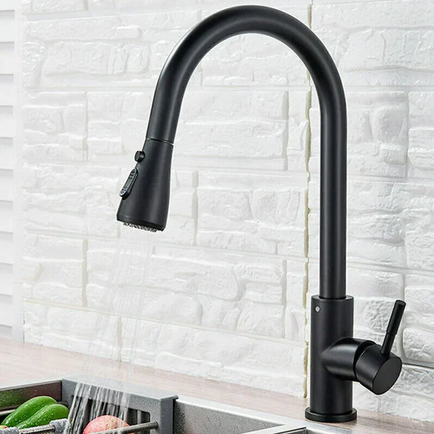 Black kitchen faucet installed on countertop