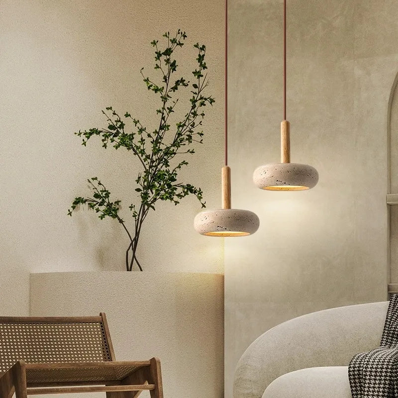 Stone pendant light side angle detail view
