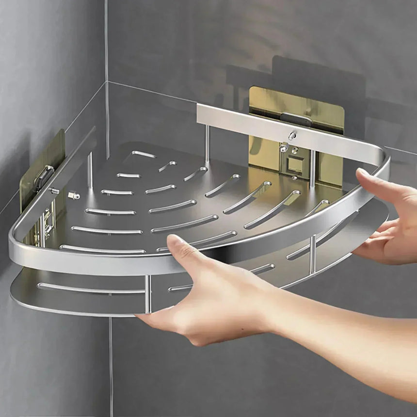 Corner bathroom shelf installed in a bathroom setting