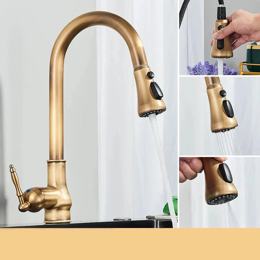 Antique brass swivel kitchen faucet for small kitchen spaces