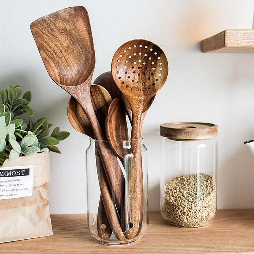 Teak wood kitchen utensil set for everyday cooking