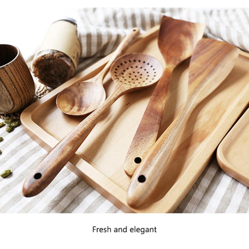 Wooden utensil set gentle on nonstick cookware