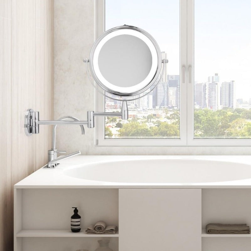 Led wall mount makeup mirror with dual-arm extension