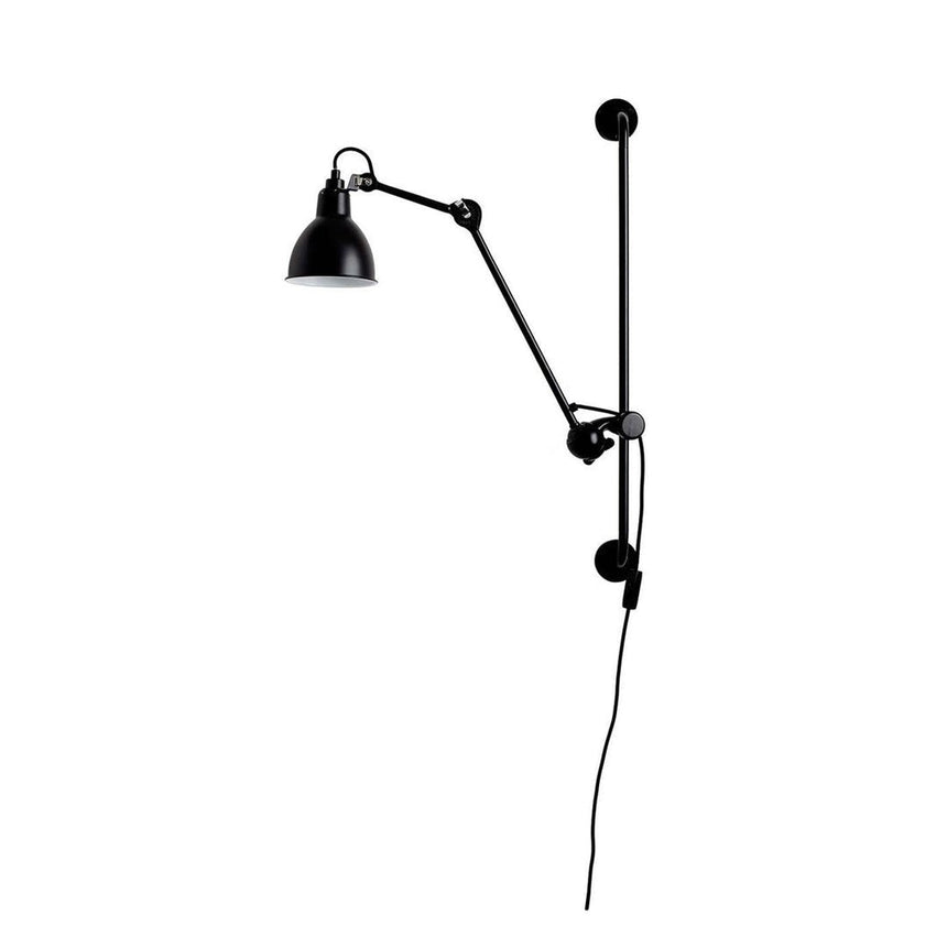 The black cone shade on a black arm, seen on a white background