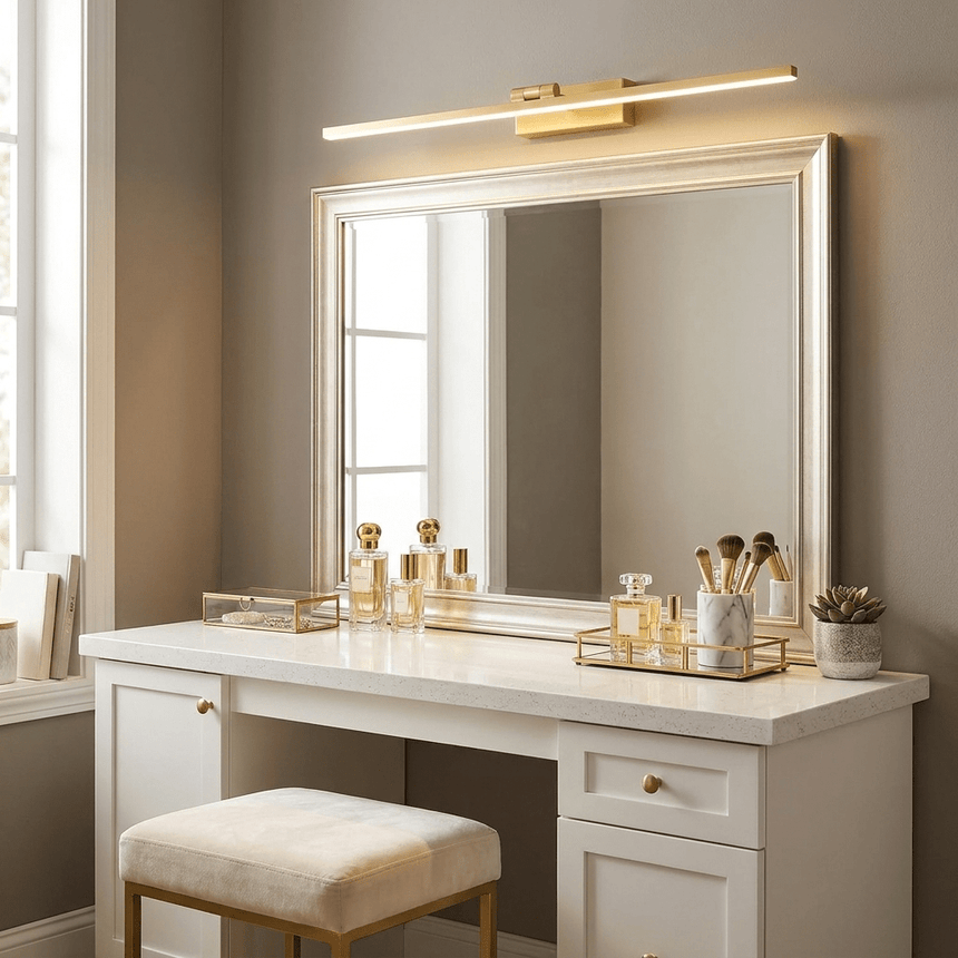 Brass bar lit above a framed mirror on a white dressing table with a gold tray