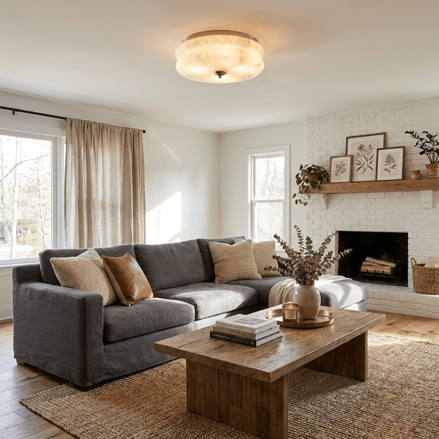 Scalloped alabaster ceiling light above a dark sectional sofa and a wood coffee table