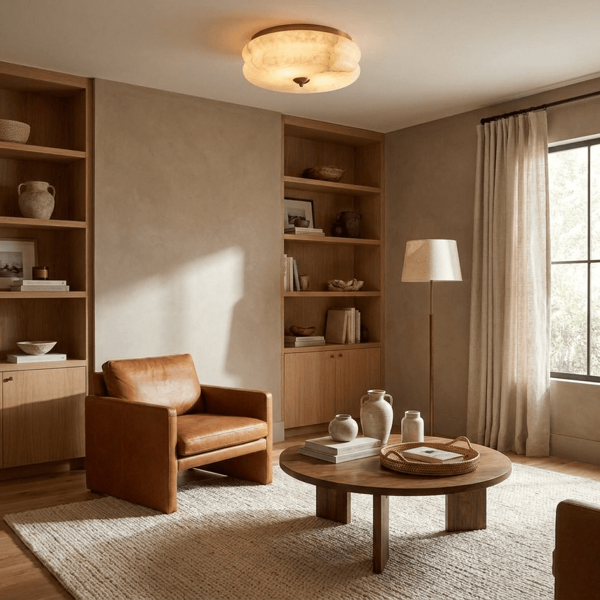 Scalloped alabaster ceiling light in a sitting room with a leather chair and shelving