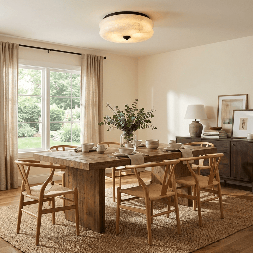Scalloped alabaster ceiling light above a dining table with woven chairs and a window