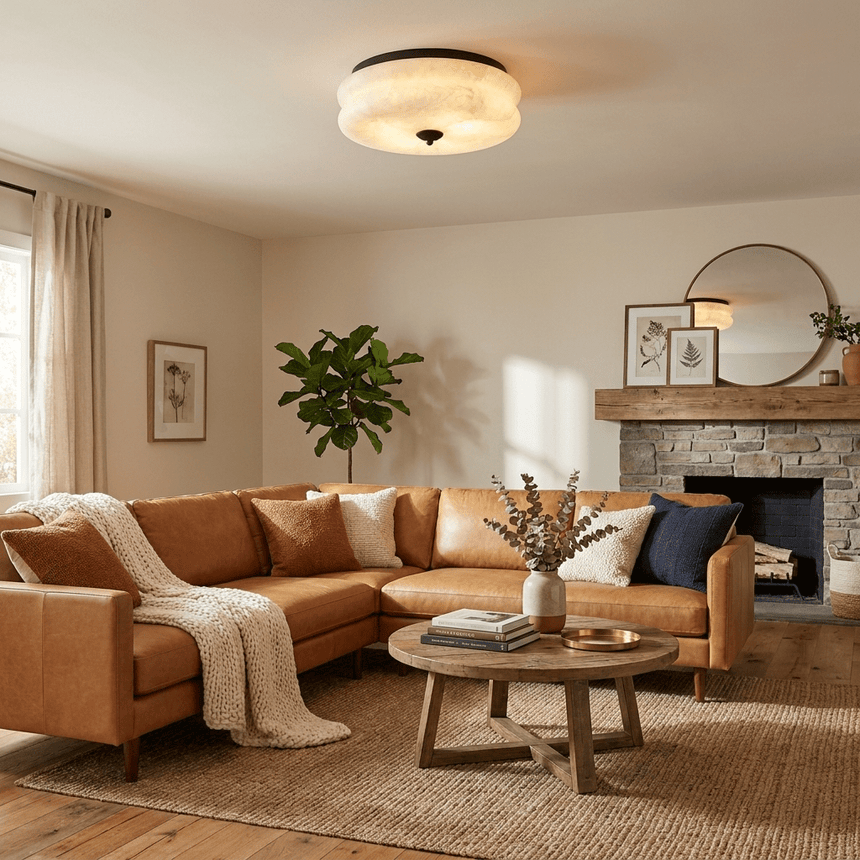 Scalloped alabaster ceiling light in a living room with a tan sofa and a fireplace