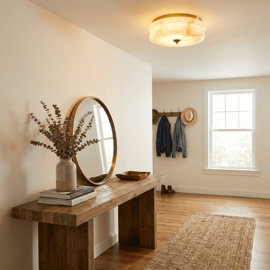 Scalloped alabaster ceiling light above an entry console with a mirror and dried stems