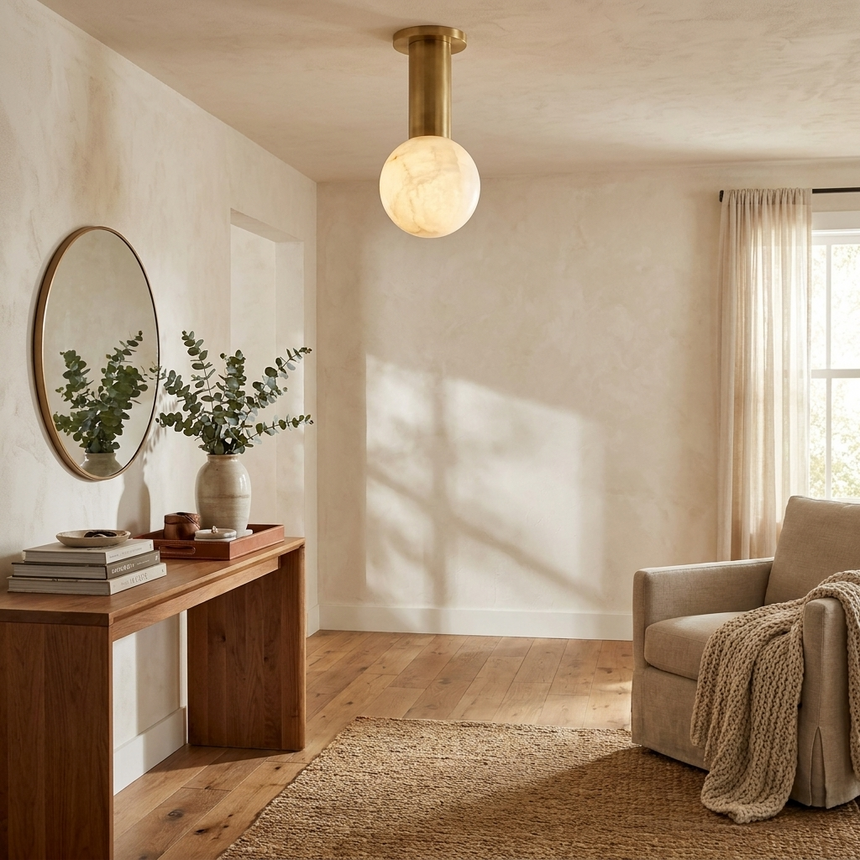 Alabaster sphere ceiling light in a hallway with a console, a mirror and a vase