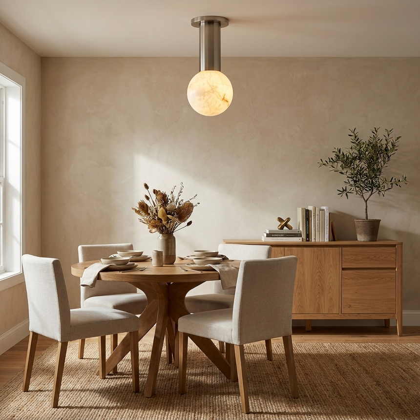 Alabaster sphere ceiling light above a round dining table with pale upholstered chairs