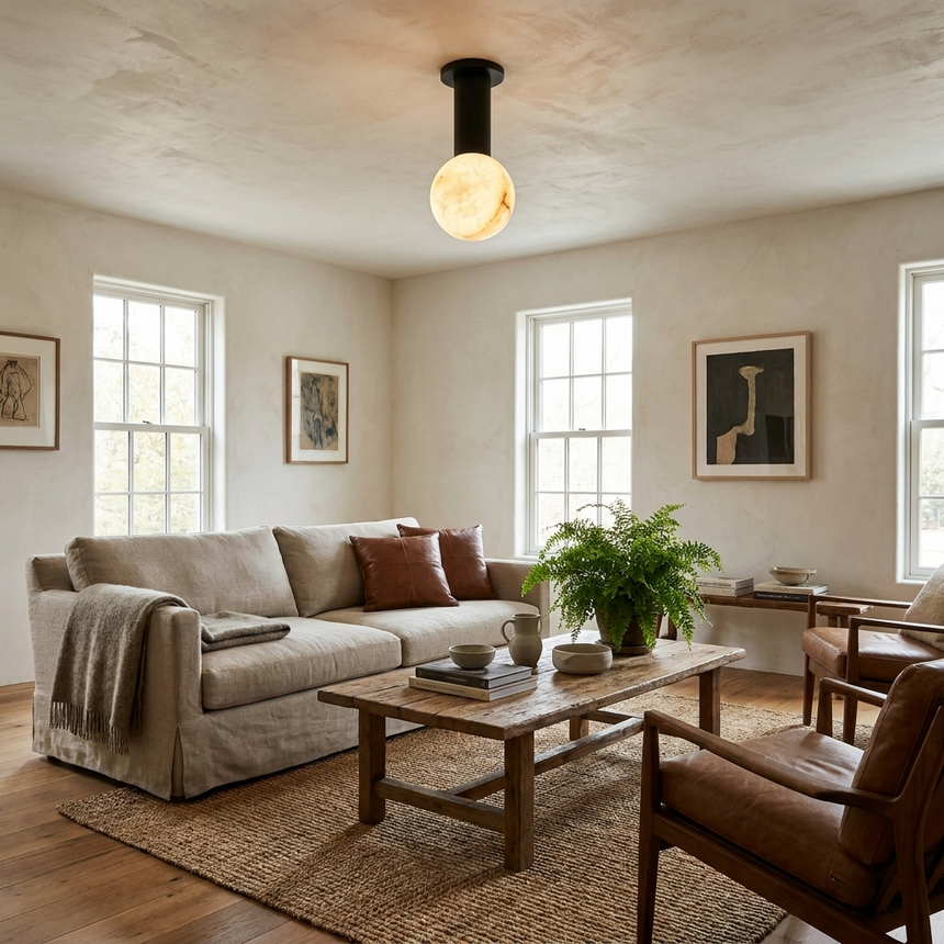 Alabaster sphere ceiling light lit in a living room with a sofa and a plant by a window
