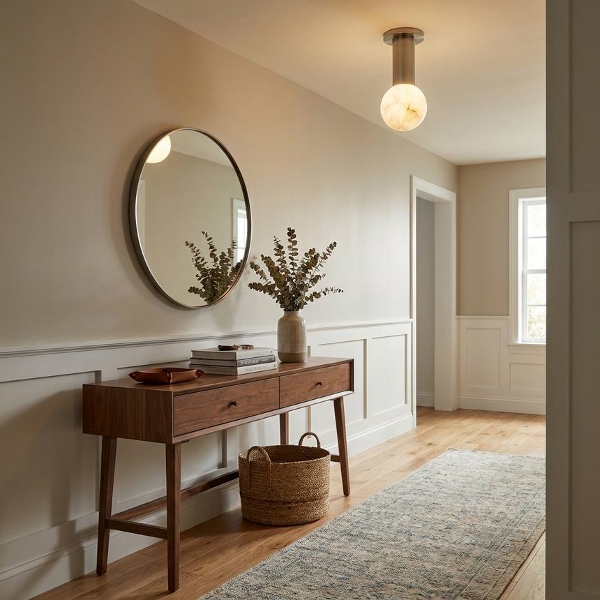 Alabaster sphere ceiling light above a console in a hall with paneled wainscoting