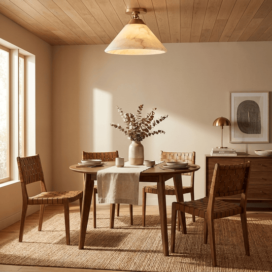 Alabaster cone ceiling light lit above a dining table in a room with a wood ceiling