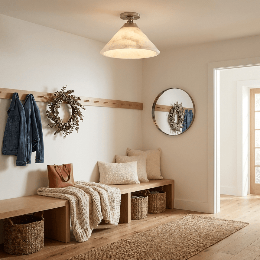 Alabaster cone ceiling light lit in an entry with a bench, a wreath and hooks