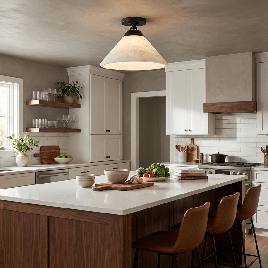 Alabaster cone ceiling light above a kitchen island with leather stools