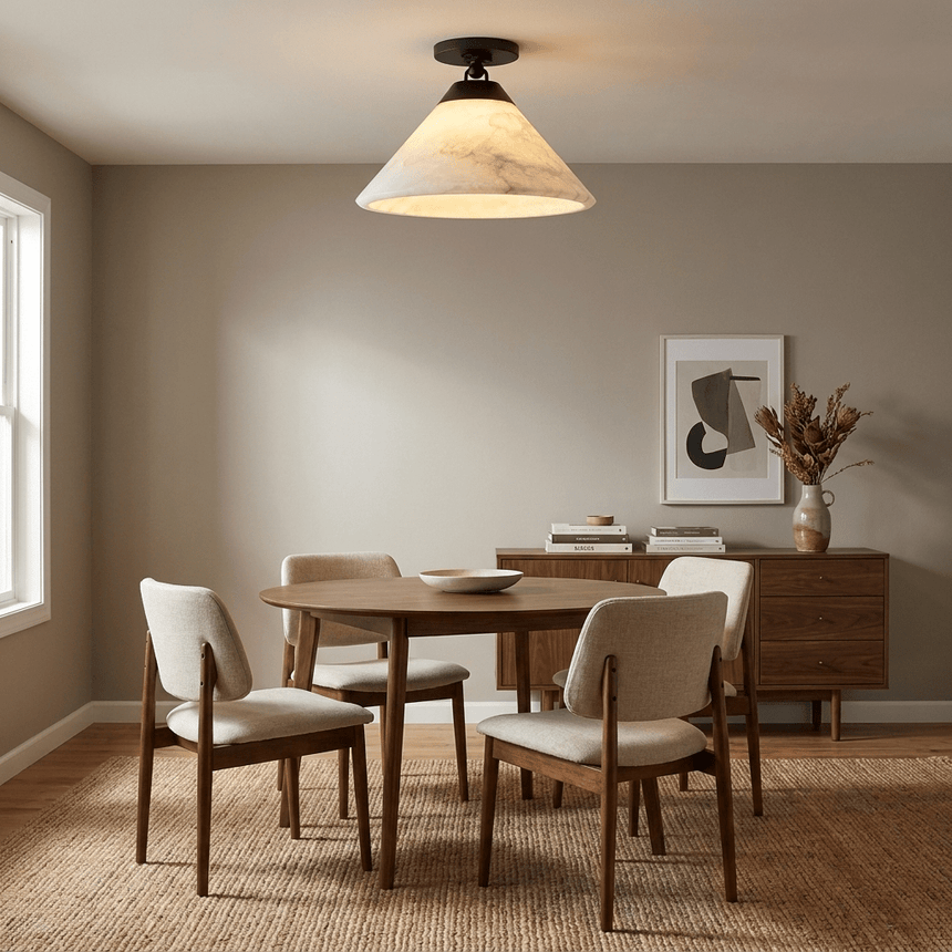 Alabaster cone ceiling light above a dining table with upholstered chairs and a sideboard