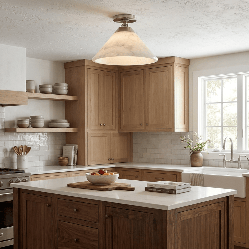 Alabaster cone ceiling light lit over a kitchen island with open shelving