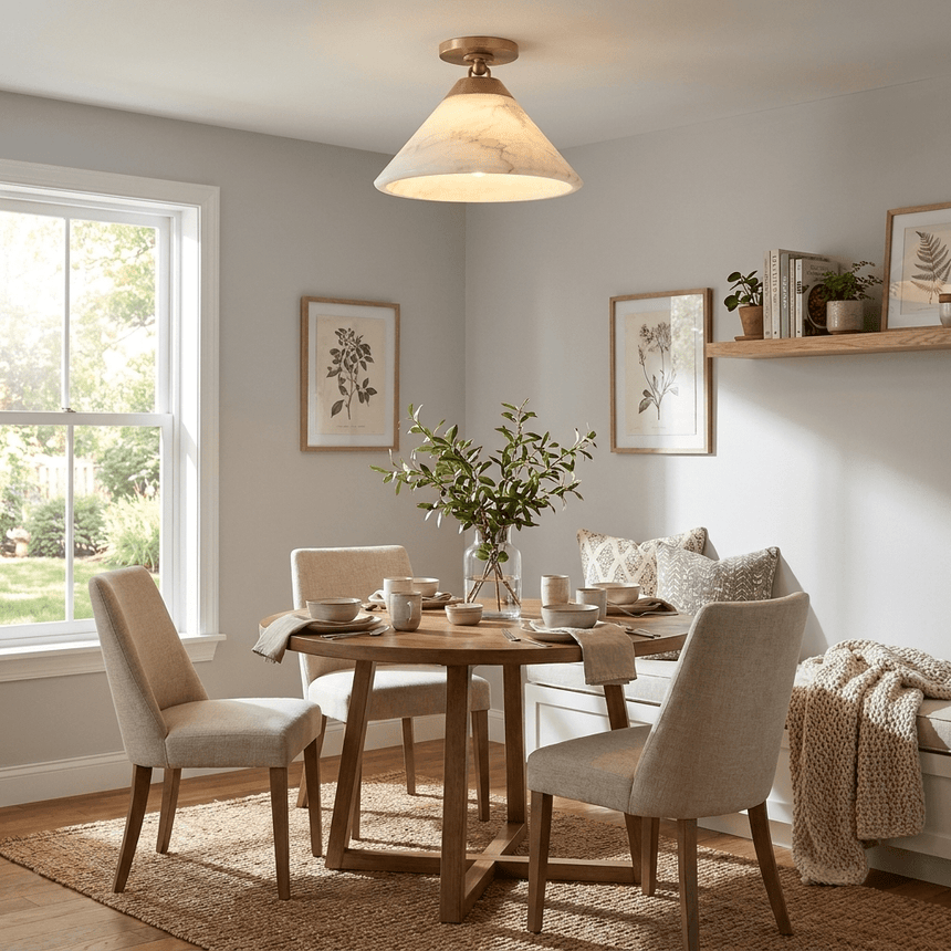 Alabaster cone ceiling light above a small dining table beside a garden window