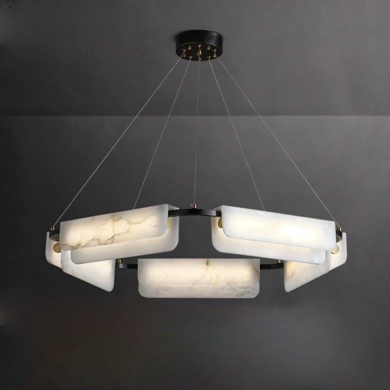 The ring of stone bars lit, thin cables rising to the plate above it